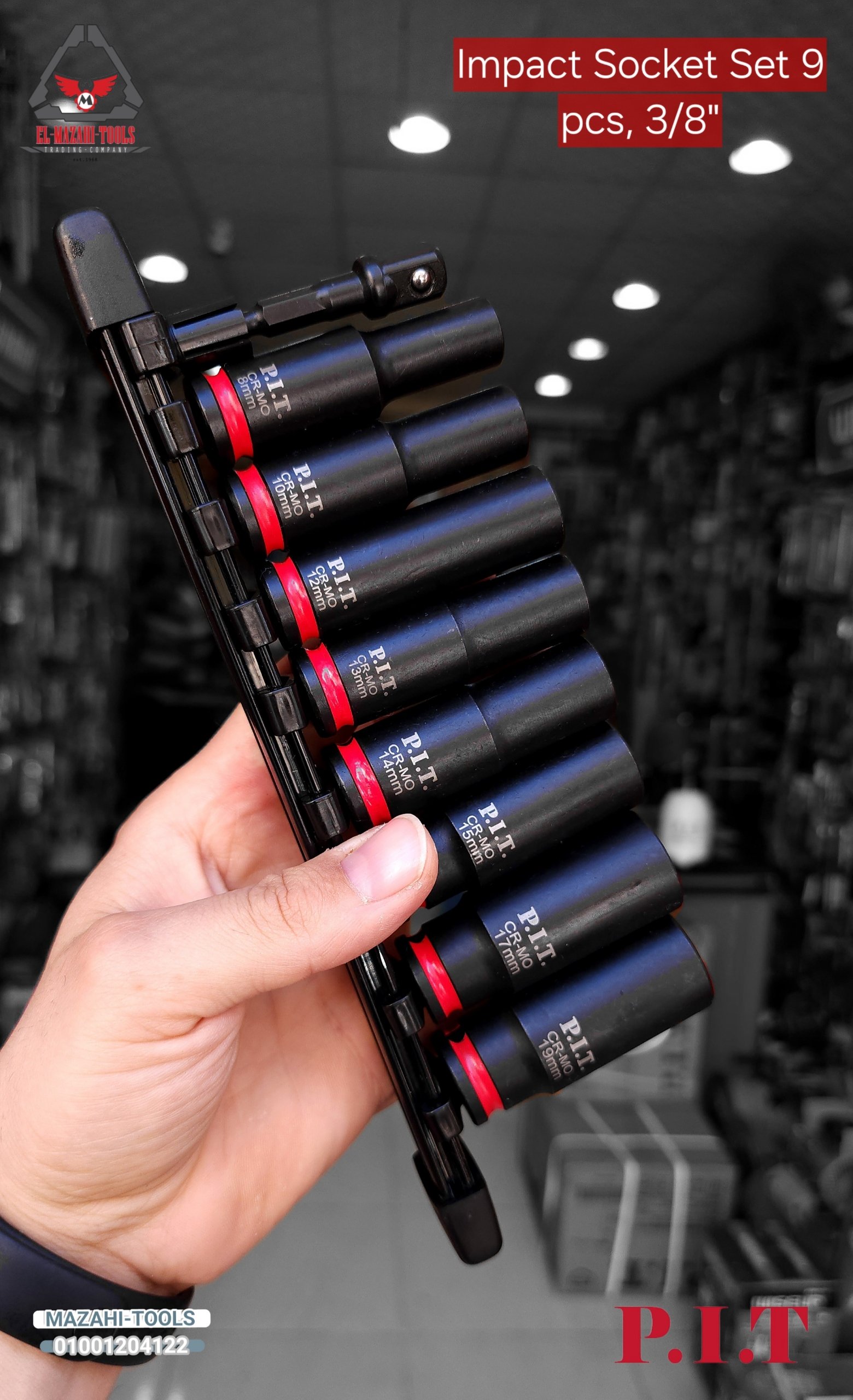 طقم لقم رباط 3/8″ 9ق طويلة تصادمية + ادابتور دريل من PIT