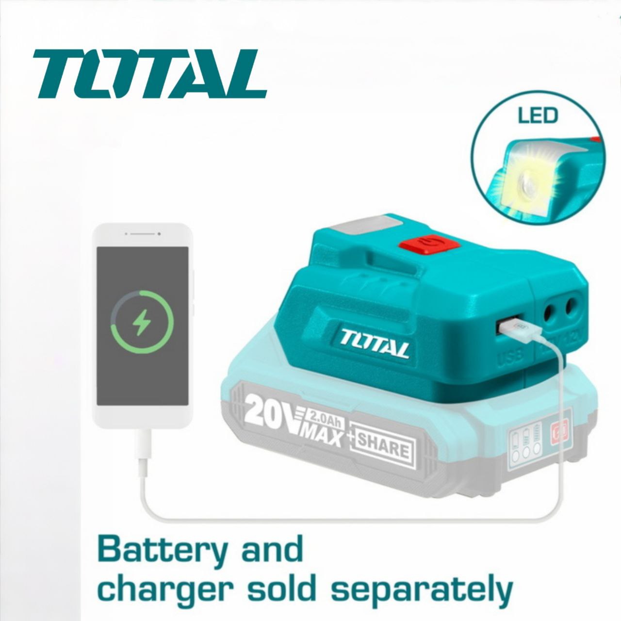 محول بطارية 20 فولت ل USB وكشاف من TOTAL