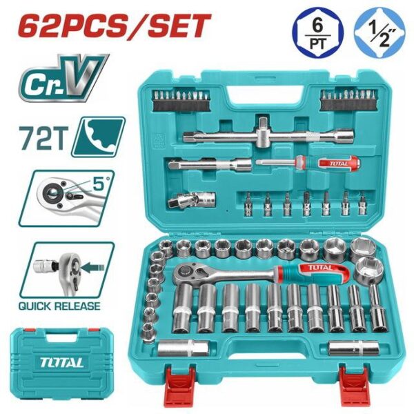 طقم لقم 1/2" متكامل 62 ق من TOTAL