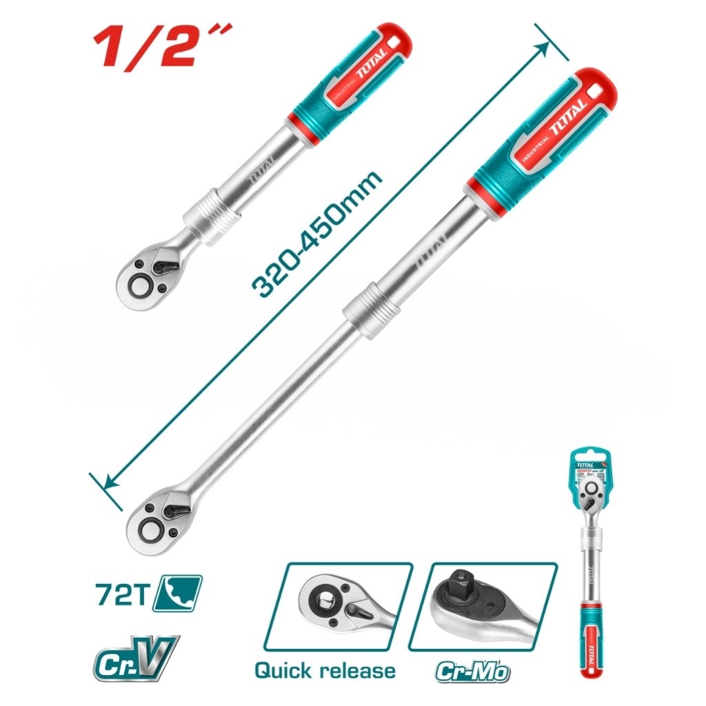 يد سيستم 1/2″ 72 سنة بيد قابله للتطويل من 340 – 450 مم من TOTAL